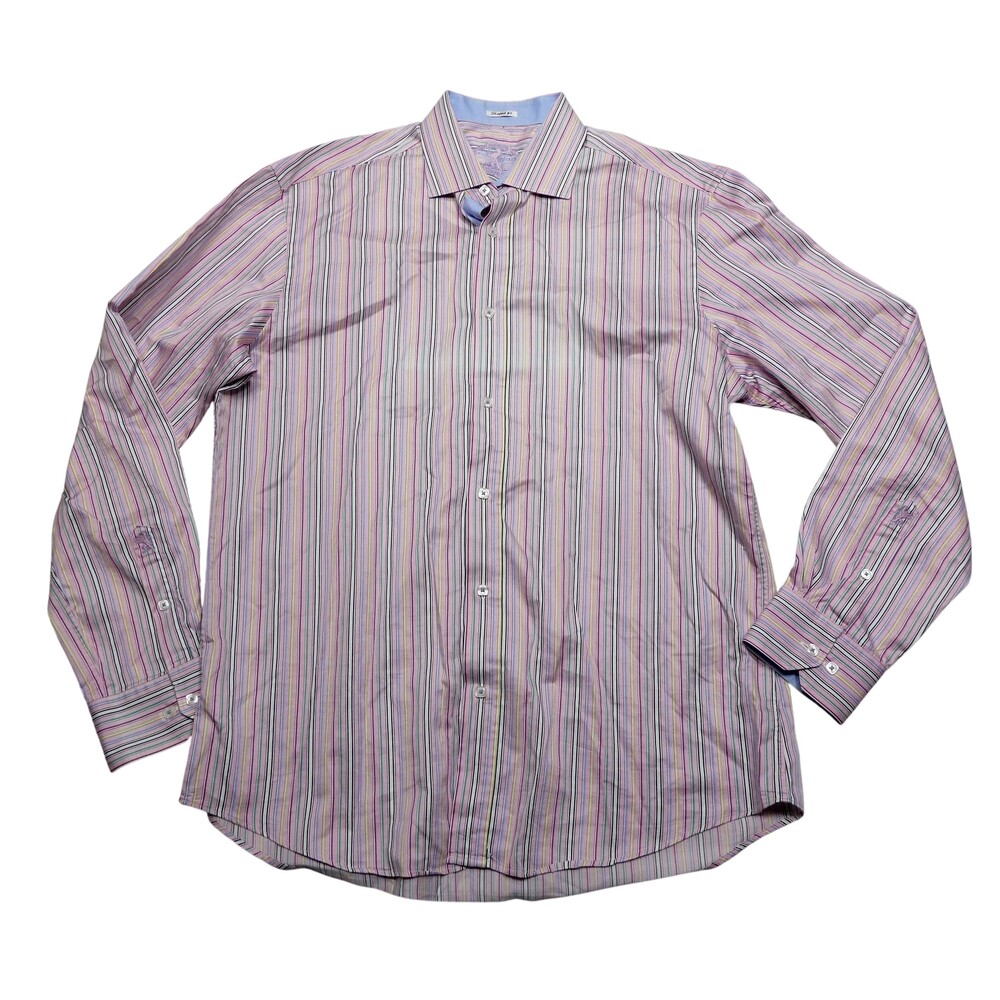 Bugatchi Dress Shirt Mens 46 Pink Stripe 100% Cotton Shaped Slim Fit Long Sleeve